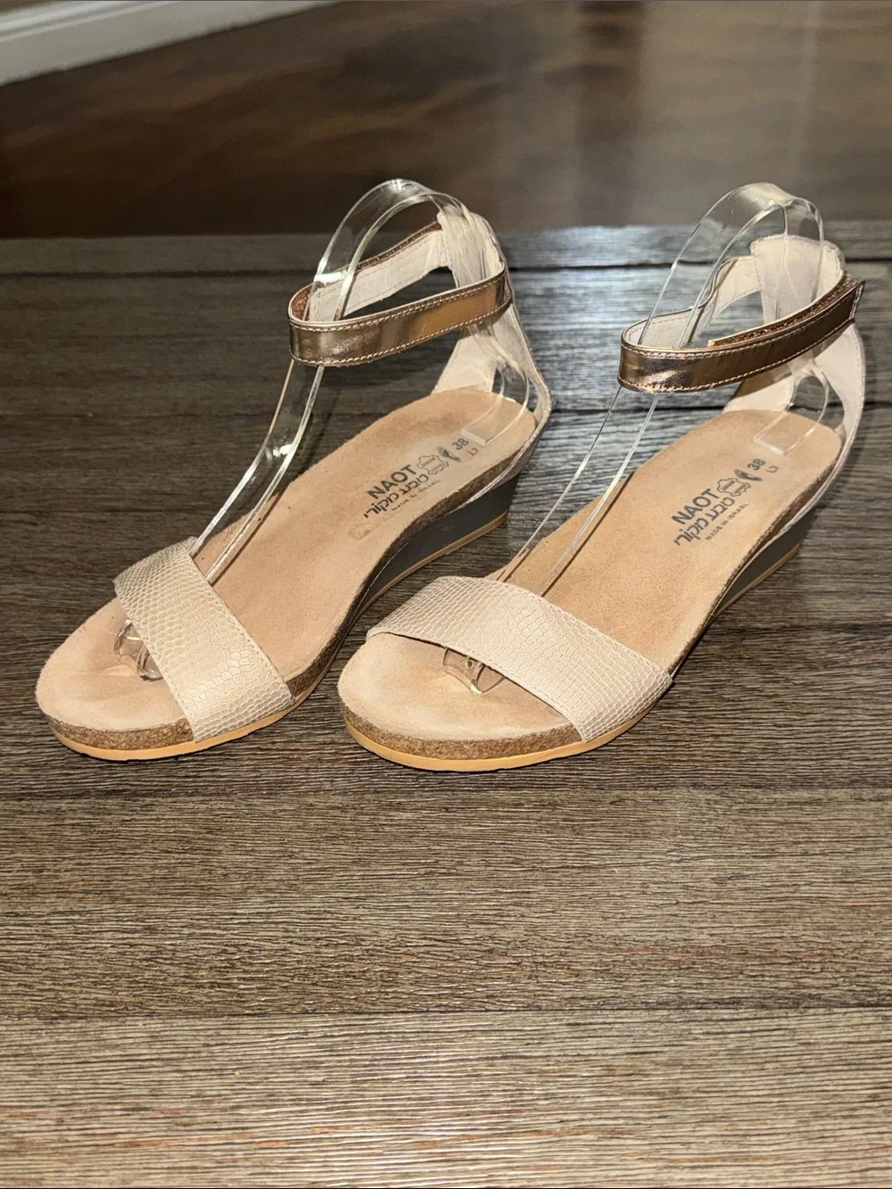 Naot Pixie Wedge Sandal Beige Lizard Silver Threads Rose Gold Leather